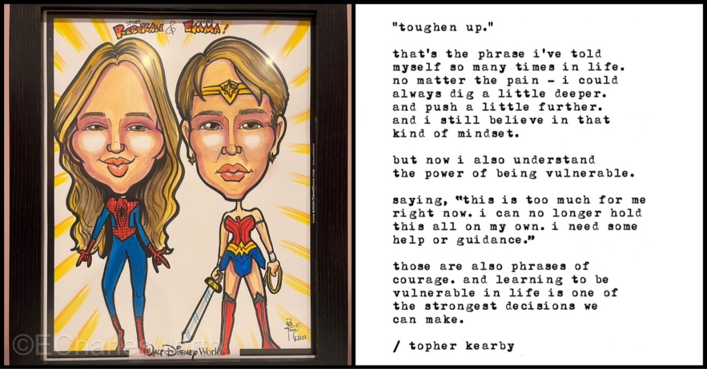 Image of quote regarding vulnerability being a superpower and image of a caricature