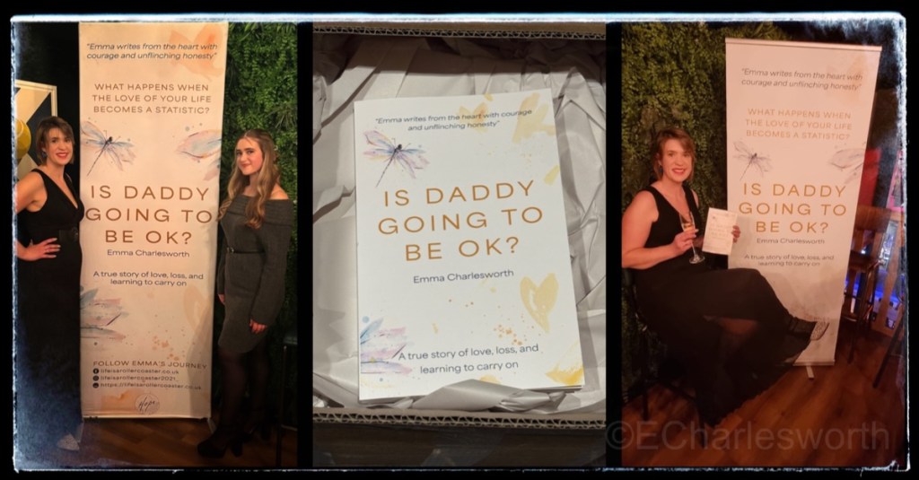 Various photos of Emma Charlesworth at the launch of her debut book Is Daddy Going to Be OK?