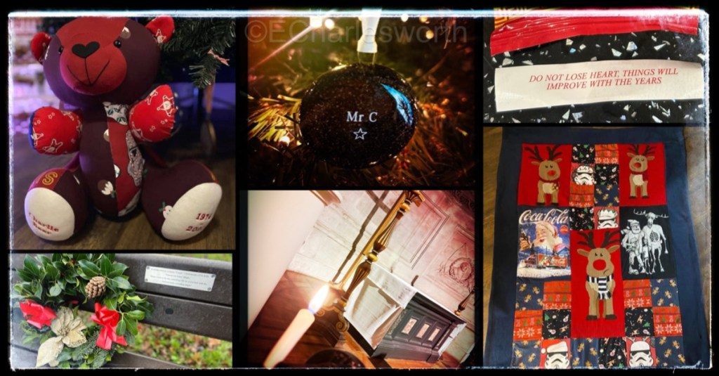 Various images related to Emma Charlesworth’s family including memory bears and Christmas decorations