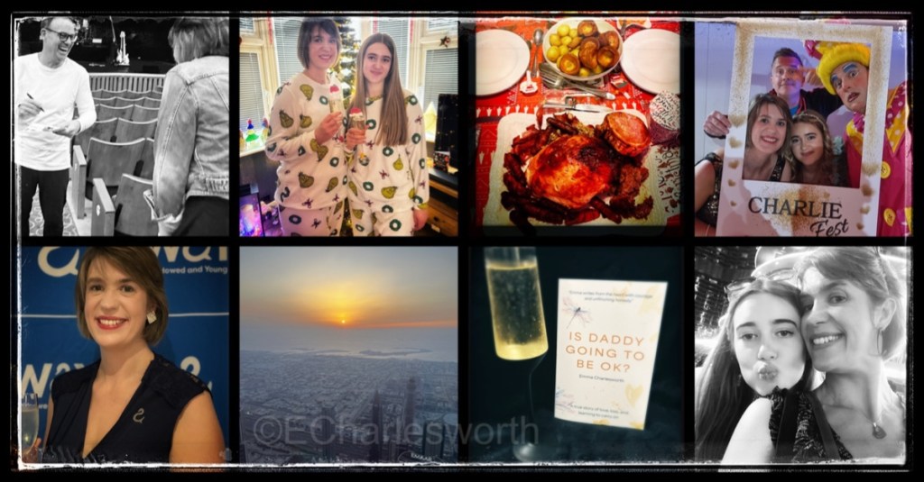 A selection of images that depict events in Emma Charlesworth’s life such as the front cover of Is Daddy Gojng to Be OK? and Dubai holidays.