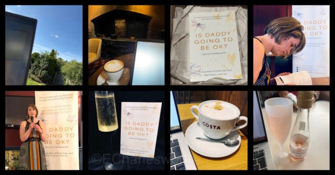 Various images of Emma Charlesworth and her book Is Daddy Going to Be OK?